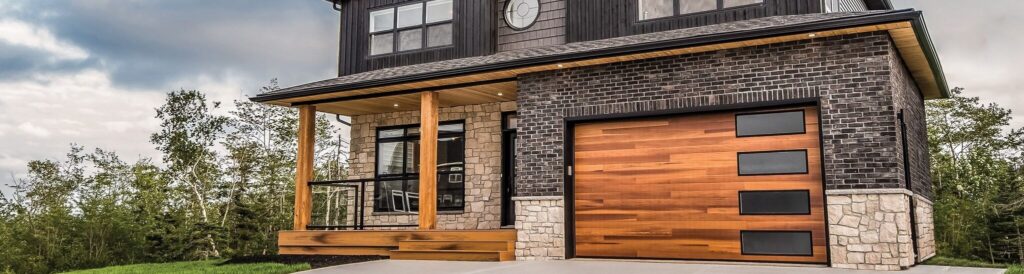 Modern plank wood garage door with windows